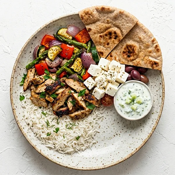 Chicken Gyro Bowl With Feta Roasted Veggies And Whole Wheat Pita